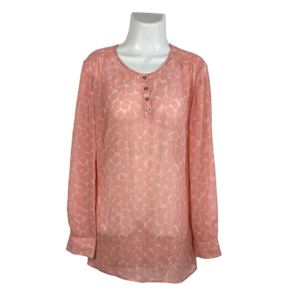 Liz Claiborne NY Blouse Large Coral Pink Animal Print Sheer Long Sleeve Henley